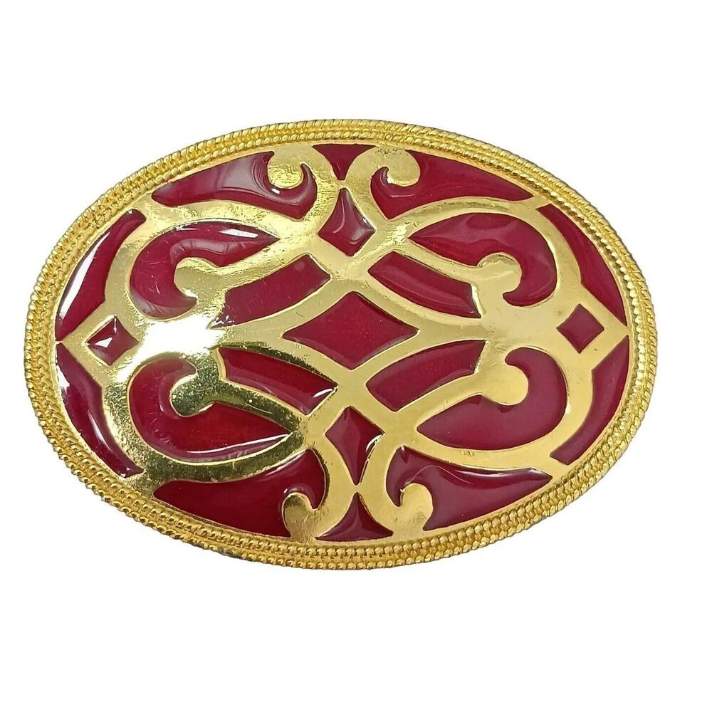 MCM Celtic Brooch 3" RED Coat Pin OVAL Metal Enamel Milgrain Accent Gold Vintage